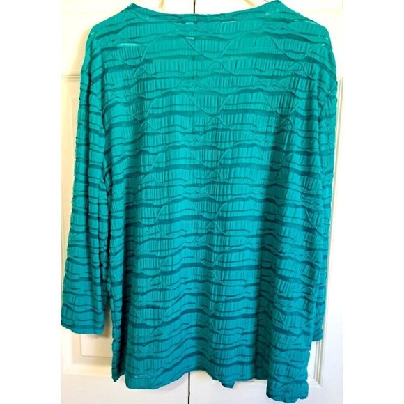 Chico's 3/XL V-Neck Teal Green 3/4 Sleeve Tone-on-Tone Sheer Stripe Top - Picture 3 of 6